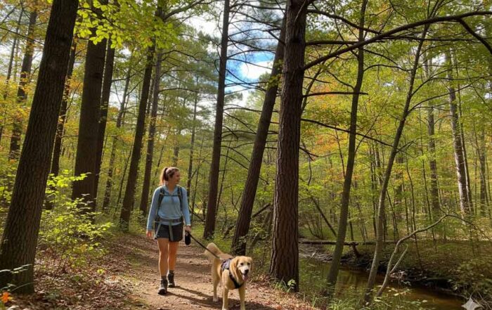 A person and a dog hiking on a pet-friendly trail in Huntersville, NC.