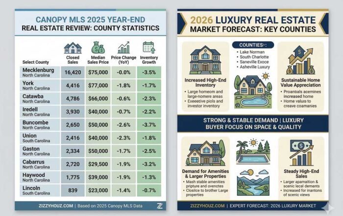 2025 Canopy MLS Year-End Review Data Table: Mecklenburg, York, and Buncombe County Housing Statistics. 2026 Luxury Market Forecast for Lake Norman, Asheville, and South Charlotte Real Estate.