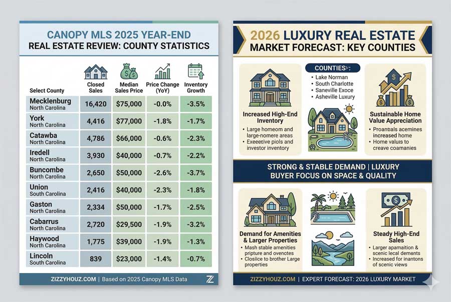 2025 Canopy MLS Year-End Review Data Table: Mecklenburg, York, and Buncombe County Housing Statistics. 2026 Luxury Market Forecast for Lake Norman, Asheville, and South Charlotte Real Estate.