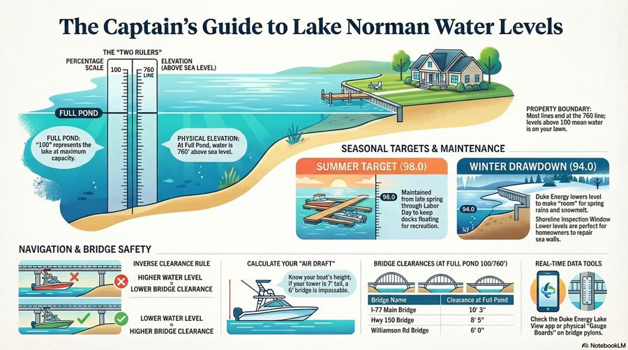 Technical infographic of the Lake Norman 760 Matrix showing the relationship between Duke Energy water levels, boat air draft, and bridge vertical clearance for I-77, Hwy 150, and Williamson Road.